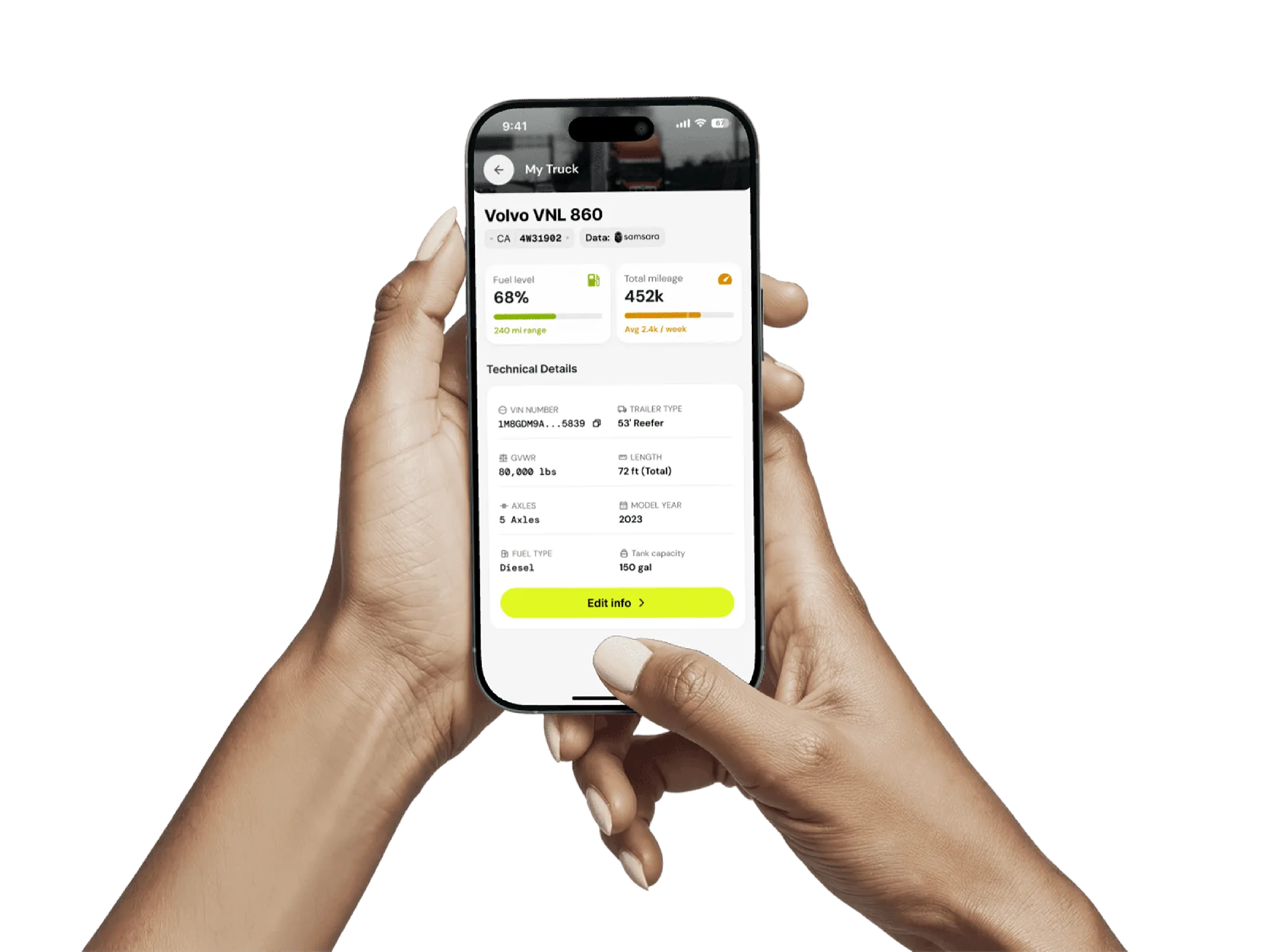 Milebit app — truck technical details screen