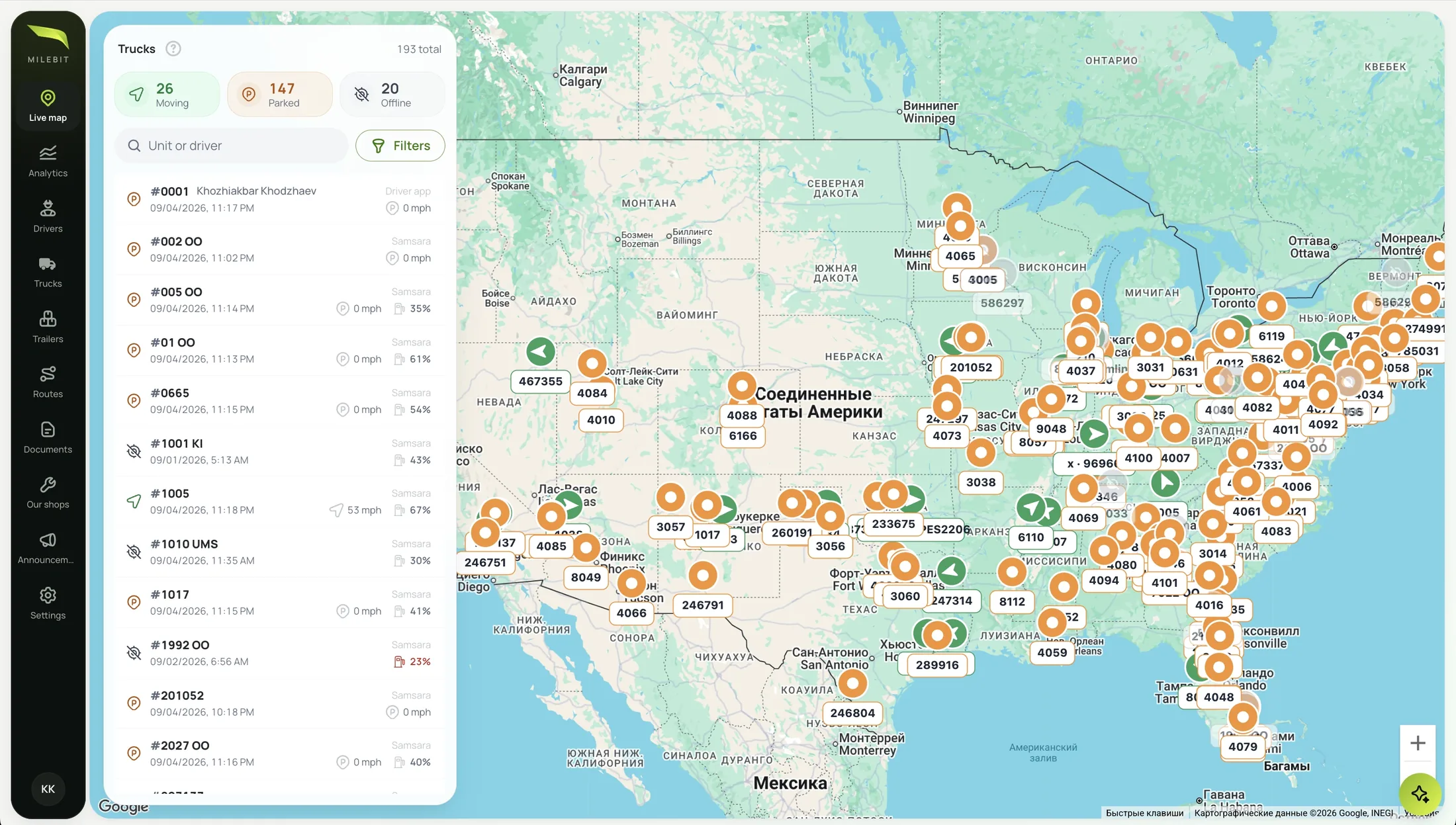 Milebit fleet dashboard — live map with every truck