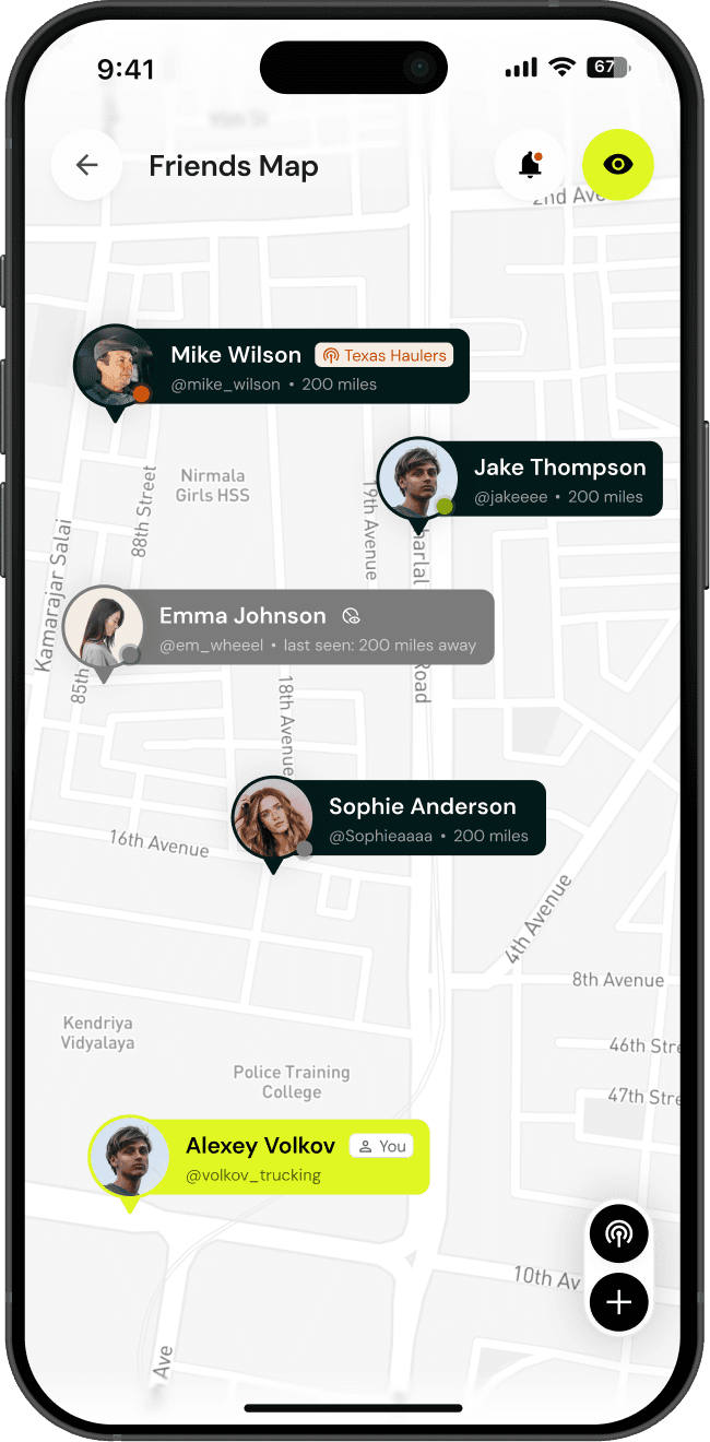 Milebit app — friends map with nearby drivers