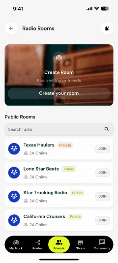Milebit app — radio rooms