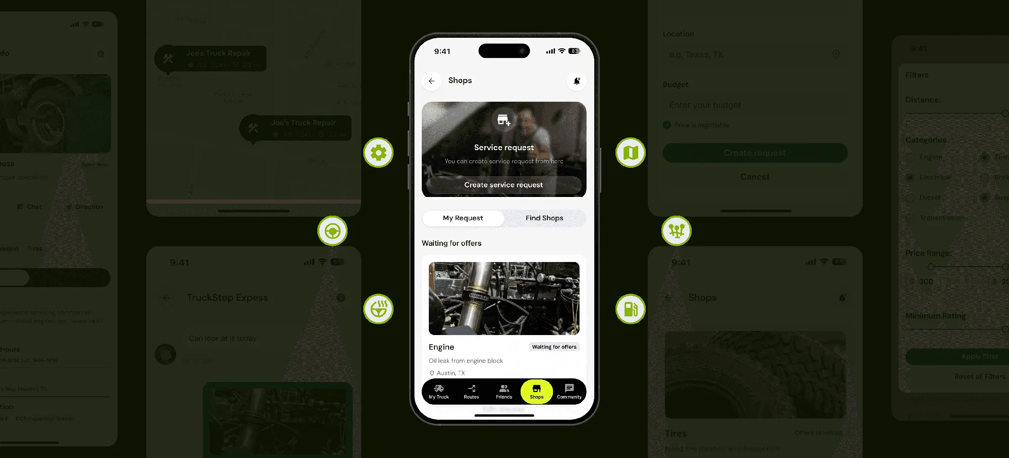 Milebit app — shops, service requests and filters