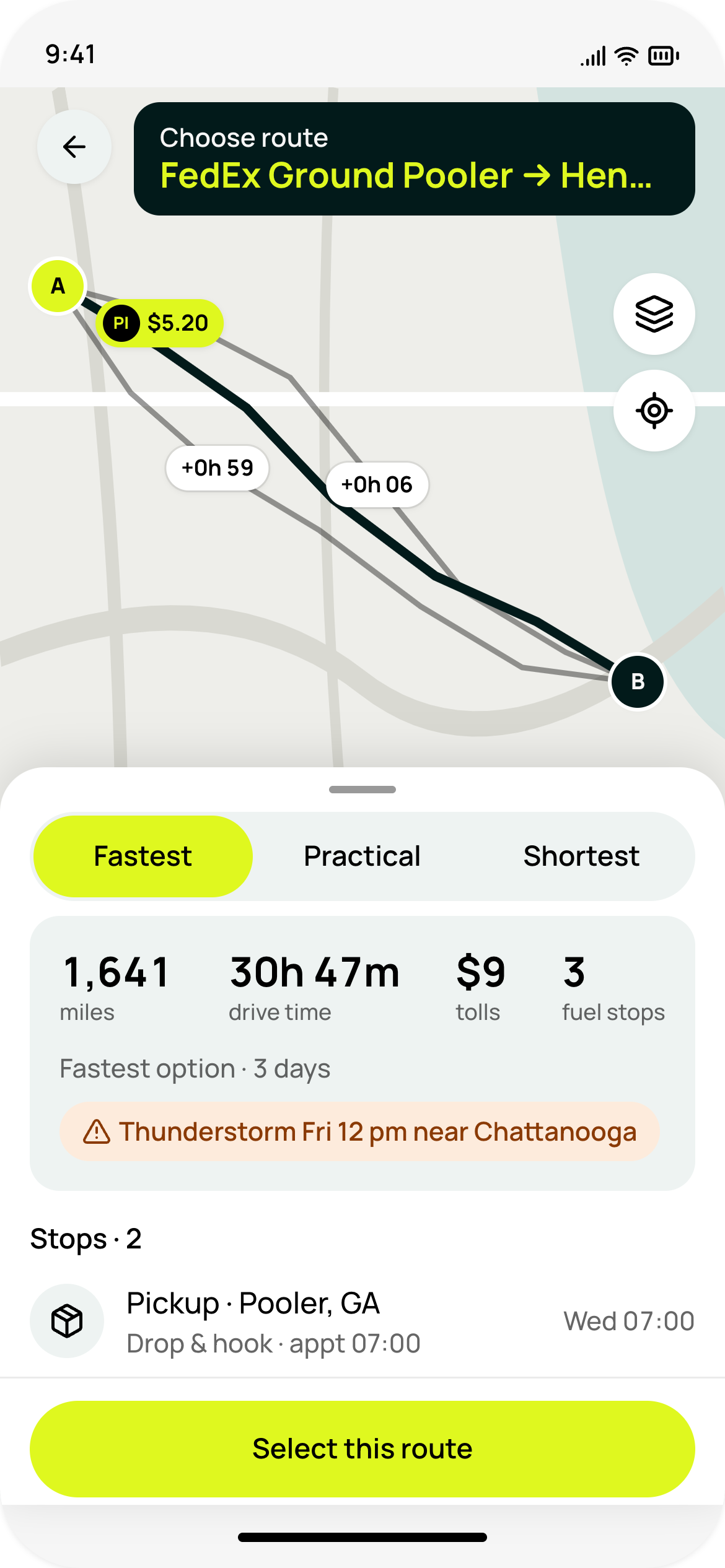 Milebit app: three truck route options with tolls and fuel stops