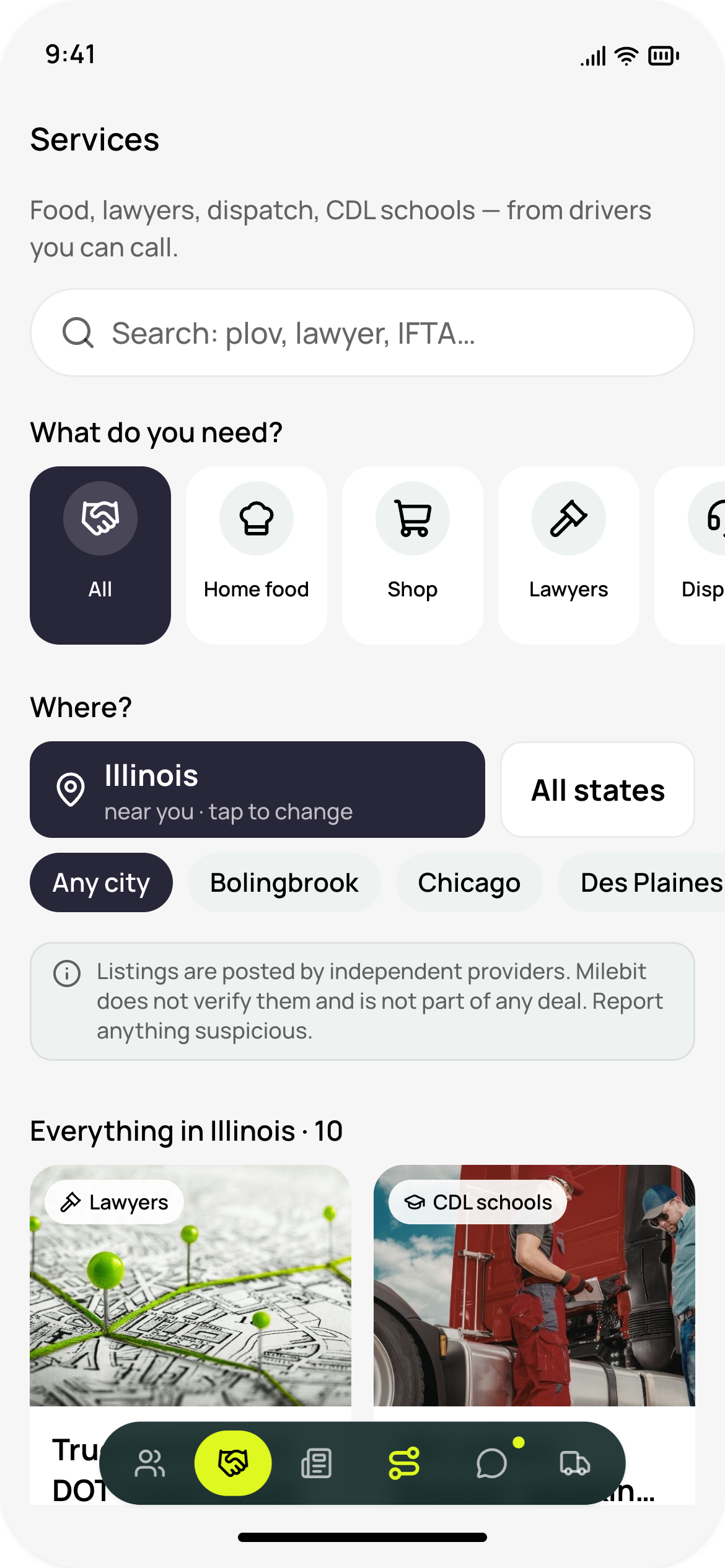 Milebit app: services from other drivers
